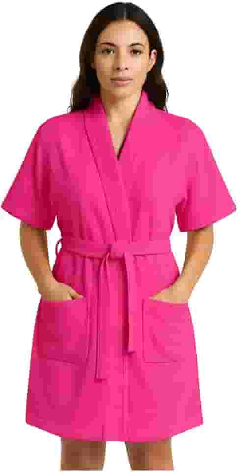 Roupão De Banho Atoalhado Colorido 100% Algodão Spa luxo Premium Ajustável Manga Curta (PINK)