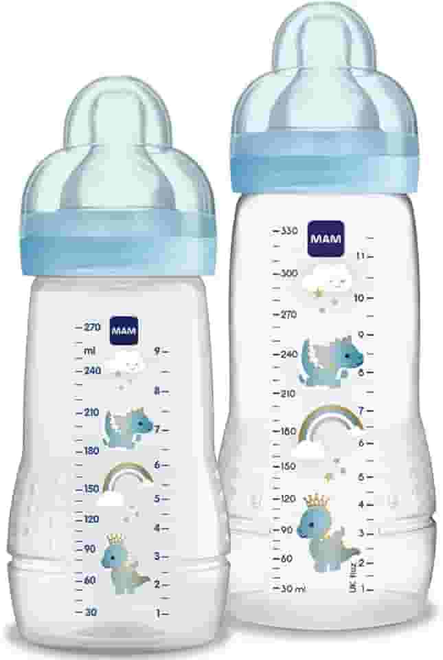 MAM Baby Kit 2 Mamadeiras Easy Active Set, 270ml e 330ml Com Formato Ergonômico e Fácil de Segurar para Crianças 2+ Meses com Bico de Silicone Skinsoft, Azul