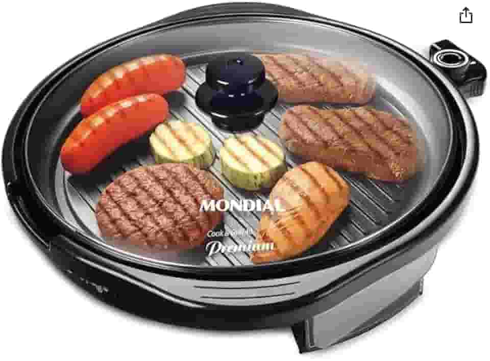 Grill Elétrico Redondo Premium com Termostato, 40cm, 1200W, 220V, Antiaderente, Preto, com Bandeja Coletora