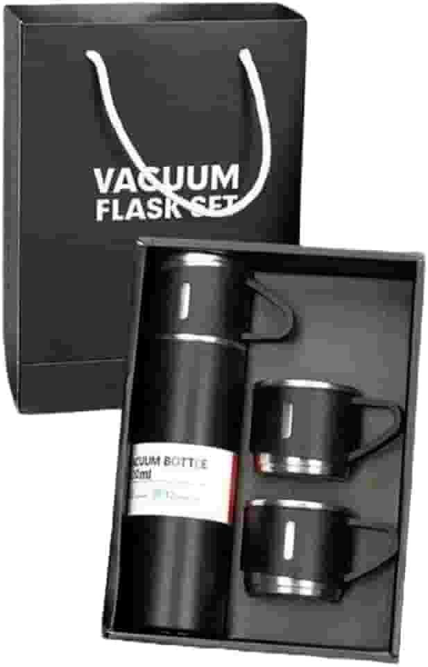 Kit Garrafa Termica Inox Isolada a Vacuo Parede Dupla Com Tampa Caneca e 2 Canecas 500ML Para Quente Gelado (Kit Preto)