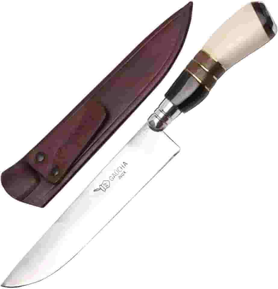 Facas Gaúcha, 1008OMC, Faca Gaúcha Churrasco 8" Cabo Curvo Chifre Madeira Osso, cor Inox, Couro