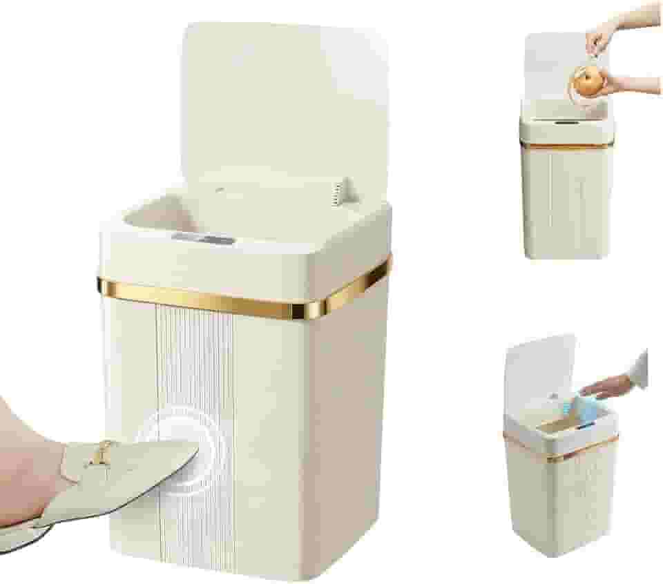 Lixeira Inteligente com Sensor Automático 18Litros de Aproximação – Abertura e Fechamento Automáticos para Cozinha, Banheiro e Escritório (Branco com borda dourada-bateria)