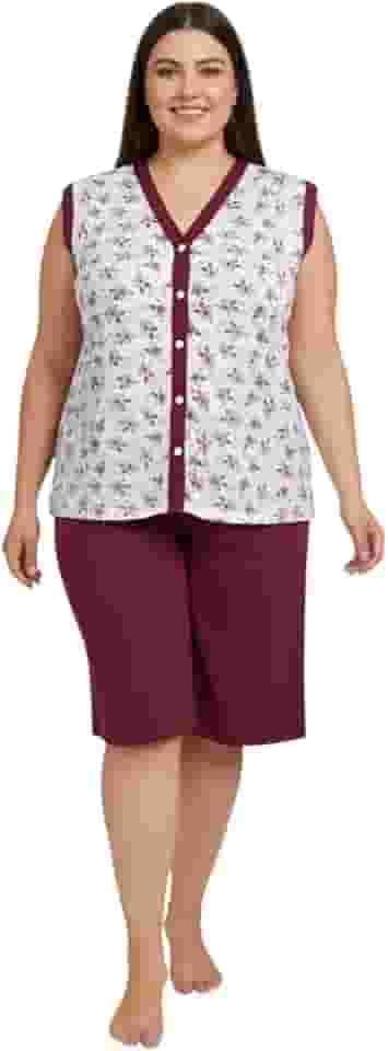 Pijama Feminino Plus Size Pescador Estampa Floral Manga Curta Botão Gola V Bermuda Conjunto Dormir