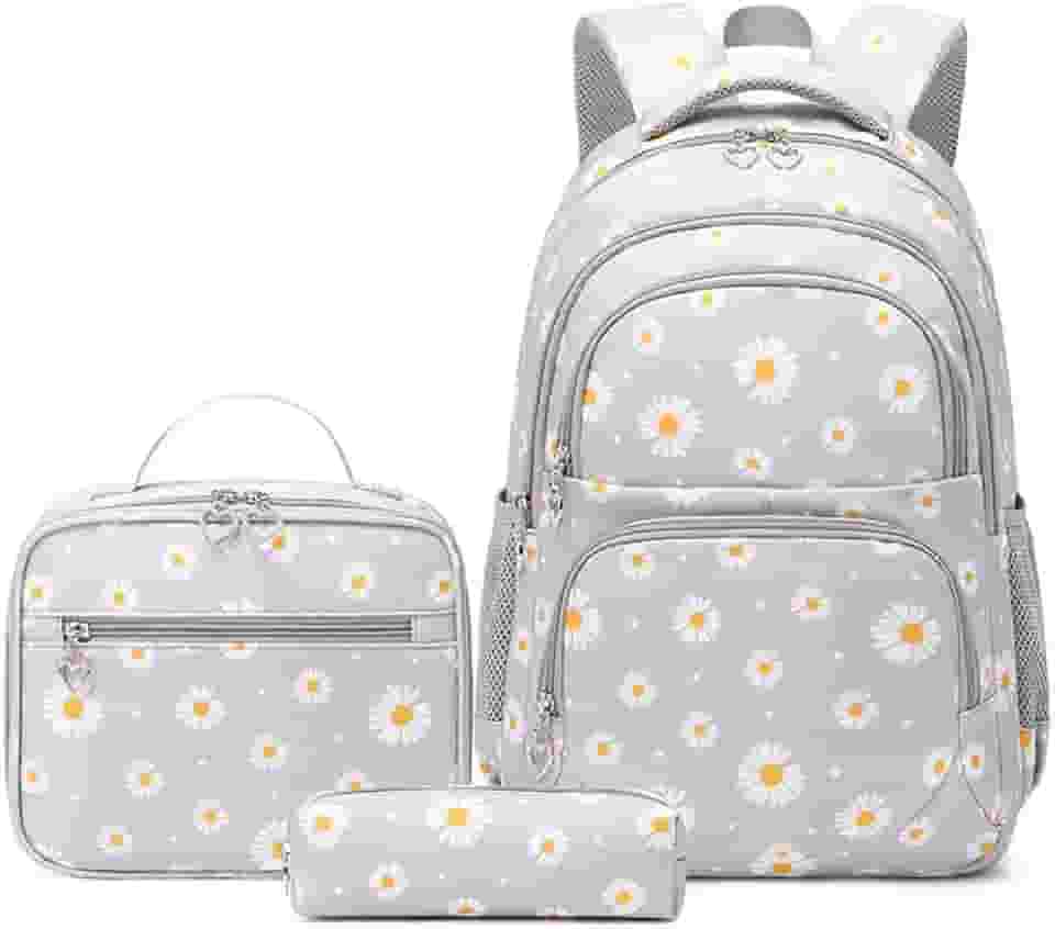 Conjunto de Mochila Escolar Feminina com Estampa de Margarida - 3 Peças com Bolsa de Almoço e Estojo de Lápis