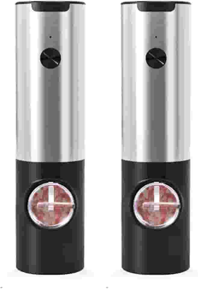 Conjunto Moedor Elétrico de Sal Pimenta (Pacote com 2) Inox Moedor de Sal Pimenta Automático Com Recipiente de 70 ml Luz Led Operação Com Uma Mão Para Churrasco na Cozinha a Pilha Premium