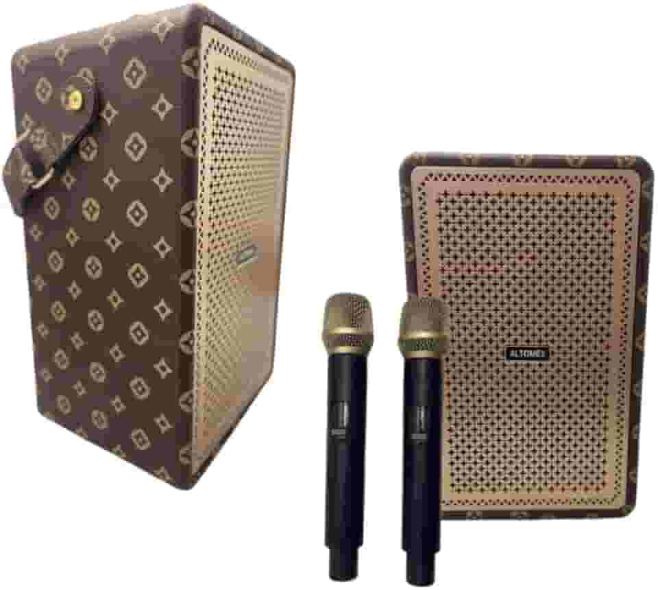 Caixa de Som Karaokê Bluetooth sem Fio com 2 Microfones, 100W PMPO, Bateria Recarregável, Luzes LED, Rádio FM, USB, Cartão SD, Portátil (Marrom)