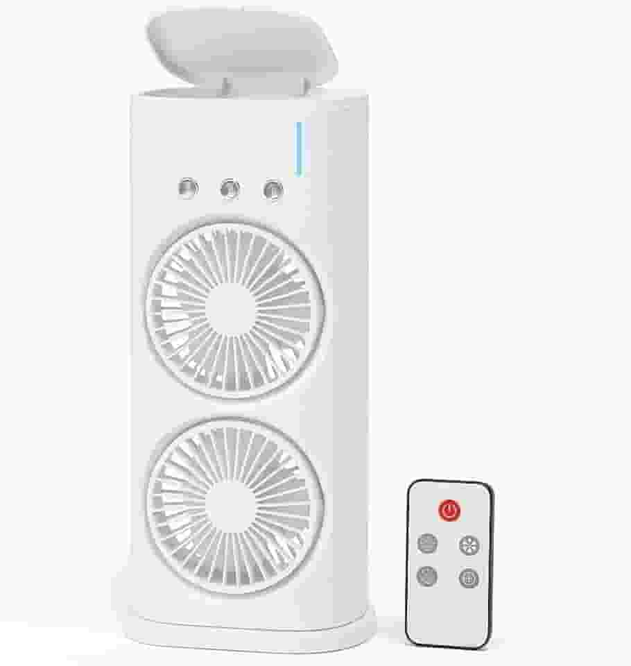 Ventilador Portátil Duplo USB com Umidificador e Mini Ar-Condicionado | LED 7 Cores, 3 Velocidades, Reservatório 600ml, Silencioso, Oscilação 90°, Controle Remoto – Branco