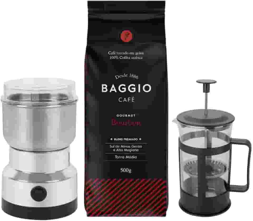 Kit Cafeteira Prensa + Moedor de Grãos + Café Grão em Baggio 110v