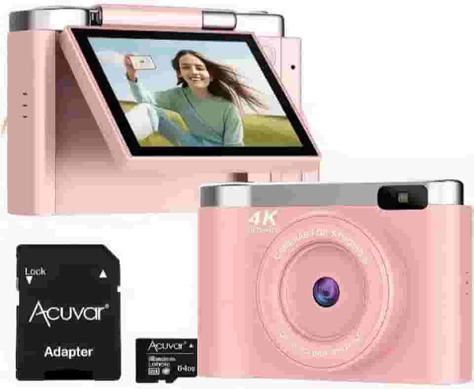 Acuvar Câmera Digital 4K Para Fotografia Com Foco Automático, 48 Mp Vlogs E Youtube, Cartão Sd De 64 Gb, Tela Flip 2,8', Compacta Viagem Zoom 8X, Flash, Antivibração, Bateria Recarregável (Rosa)