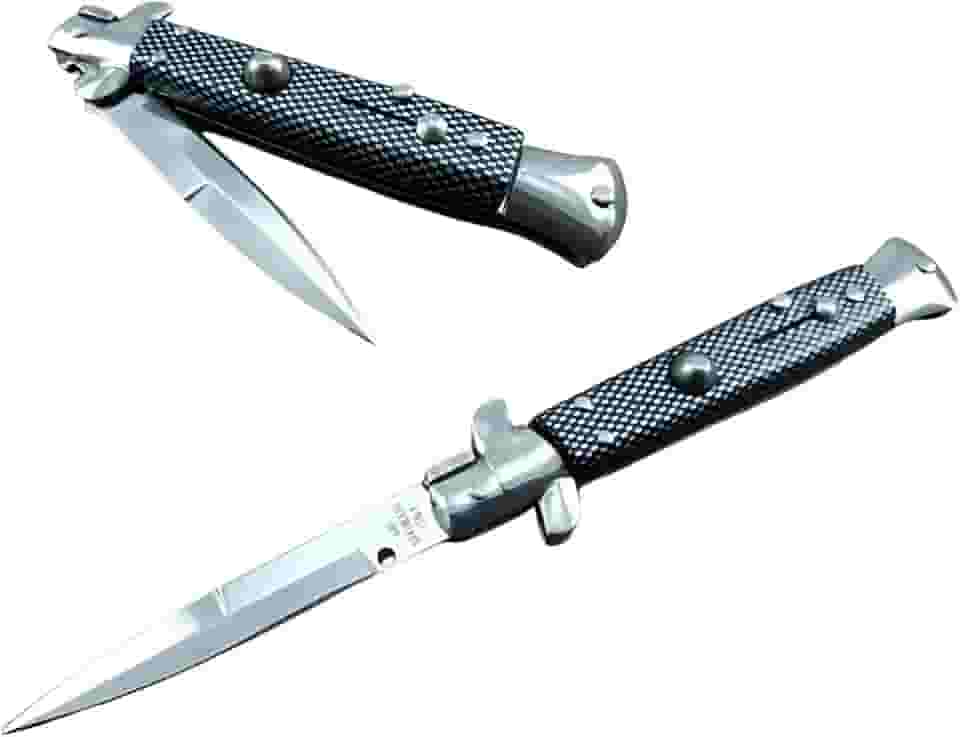 Canivete Stiletto Italiano Mafia Preto Xadrez, Cor Prateado, 1ª Qualidade