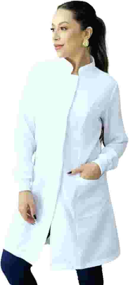 Jaleco Feminino Oxford Gola Padre Botão Embutido Com Punho Enfermeira Dentista Esteticista