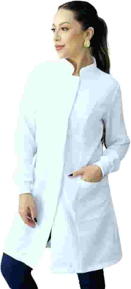 Jaleco Feminino Oxford Gola Padre Botão Embutido Com Punho Enfermeira Dentista Esteticista
