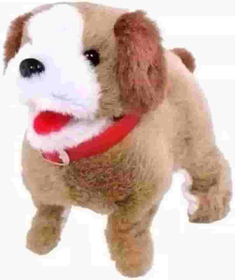 Cachorro de Pelúcia Interativo, Anda, Late e Dá Cambalhota, Marrom e Branco com Coleira Vermelha