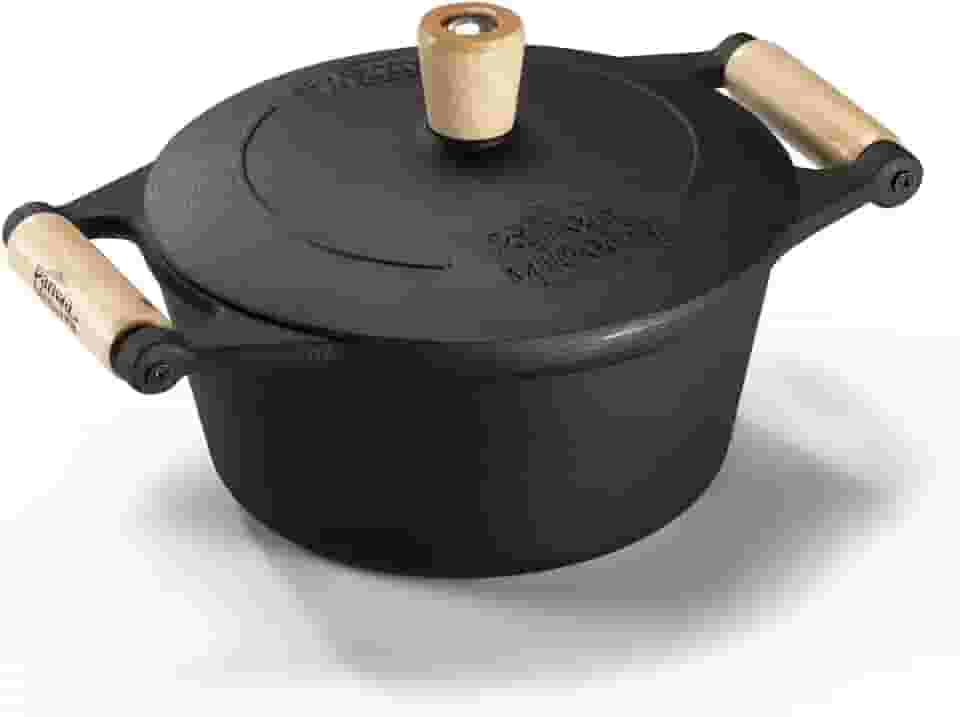 Caçarola de Ferro Fundido Panela Mineira 3 Litros com Tampa de Ferro e Cabo de Madeira, 22 cm, Ideal para Fogão a Gás, Indução, Elétrico e a Lenha, Cozimento Uniforme, Alta Retenção de Calor