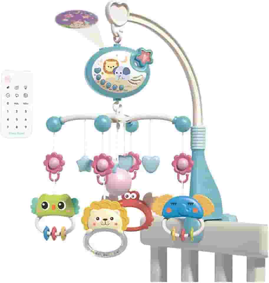 Móbile fofo para berço com luzes de música,projeção de estrelas,brinquedos giratórios pendurados,brinquedos para berço,controle remoto,decoração de cama infantil para meninos e meninas Blue