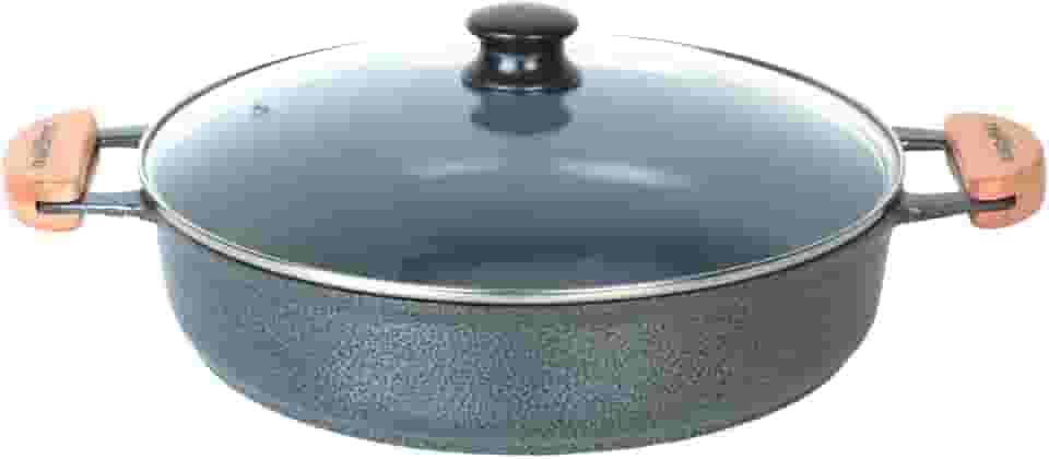 Frigideira Cerâmica Antiaderente com Tampa de Vidro, Preta, 30cm, Puxadores Pretos, Não Precisa de Óleo