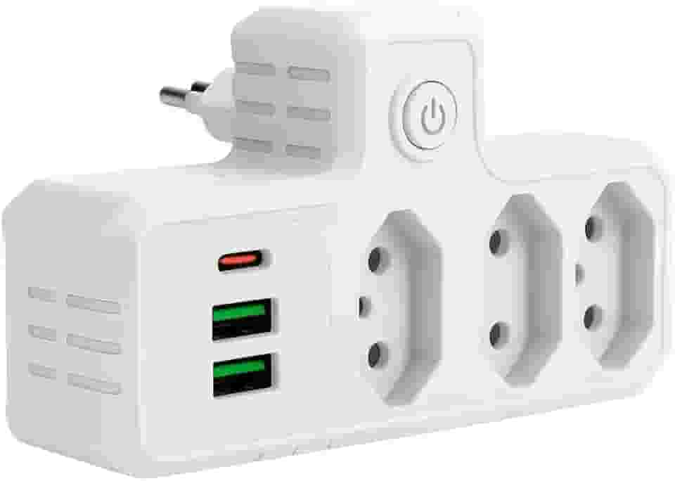 Extensão Tomada,Régua Tomadas, Régua de Energia,Adaptador Tomadaa,Filtro de Linha,Adptador Inteligente, 3 Tomadas,2 Interfaces USB,1 Porta USB Tipo-C - Qualidade Premium