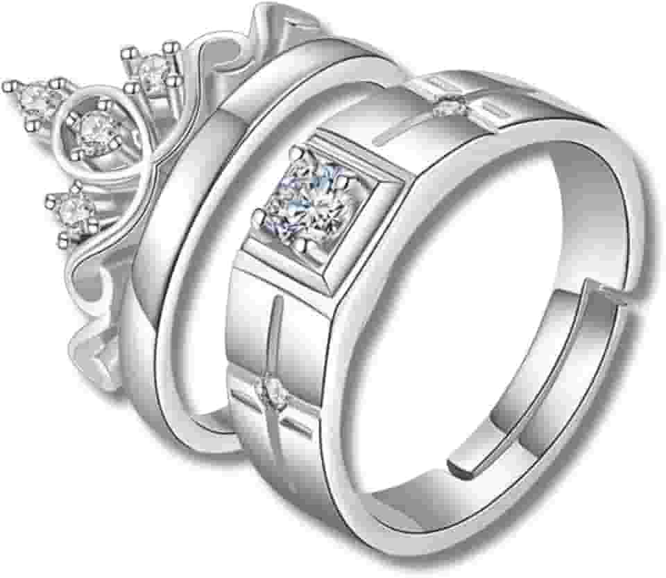 Par de Alianças de Compromisso em Aço Inoxidável Banhado a Prata Unissex Ajustáveis King and Queen – Acompanha Bolsa de Veludo