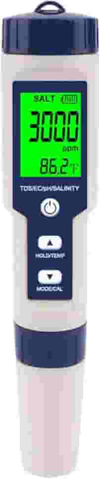 Medidor Digital De Qualidade Da Água - 5 em 1 pH, SALT, TDS, EC e TEMP - À Prova D'Água IP67 com Retroiluminação - Medidor Digital Condutivimetro Para Uso Doméstico E Profissional