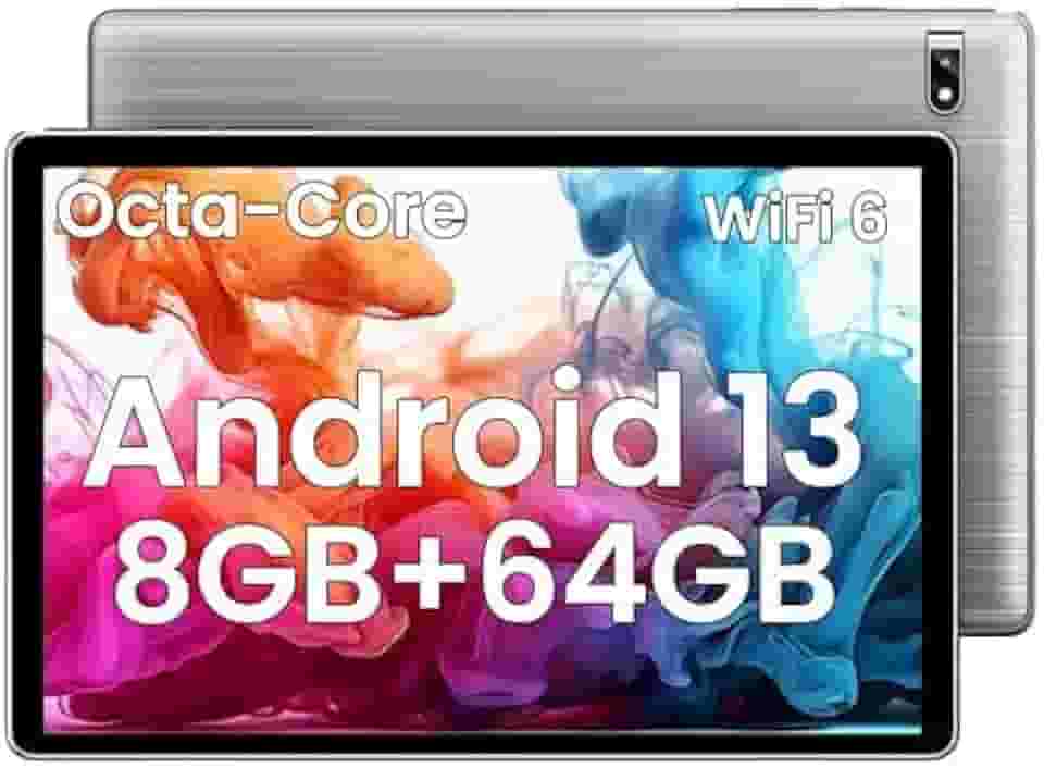 Tablet Android 13 de 10,1 polegadas, 8 GB de RAM (expansão de 4 + 4) 64 GB ROM, Octa-Core, tela HD IPS 1280 × 800, bateria de 6000 mAh, Wi-Fi 6 (2,4 G/5G), câmeras 2 MP + 8 MP, Bluetooth, expansível