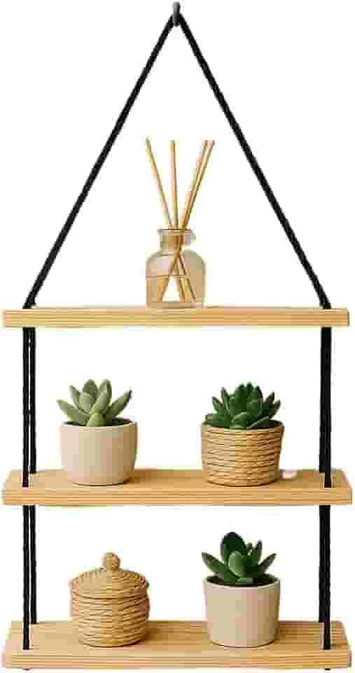Prateleira Suspensa Estante Decorativa de Madeira Corda preta Nicho Quarto, Banheiro, Sala e Cozinha(Três Andares)