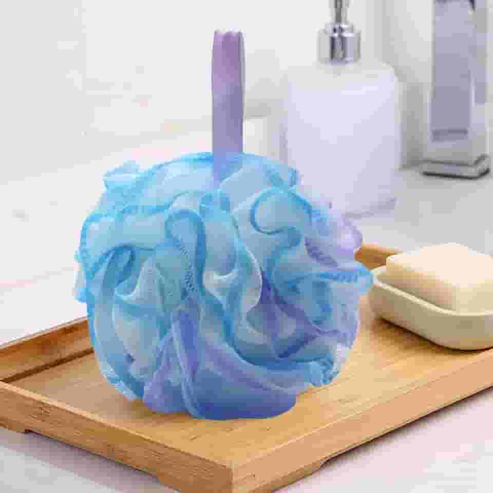 Esponja de bucha de chuveiro de banho 75 g, 1 pacote de esponja de chuveiro para limpeza de banho bolas de limpeza corporal, esponjas de banho para mulheres e homens (azul roxo)