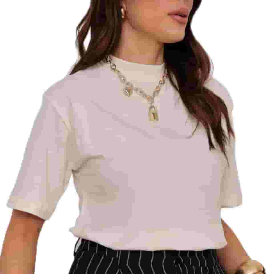 Blusa Camiseta T-Shirt Tee Feminina Gola Alta Feminina Manga curta Lisa Social elegante – Básica, Moderna e Confortável - YASDA