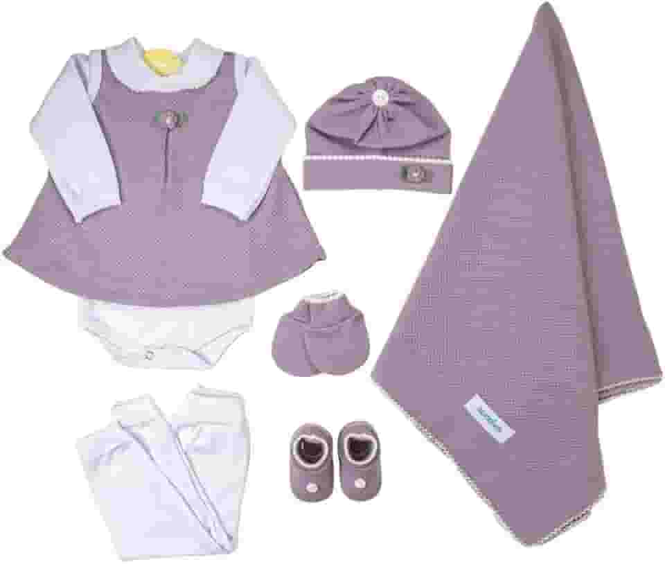 Saida Maternidade Completa Recem Nascido Menino Menina 7 Peças Sanches Baby (Lilás com Branco)
