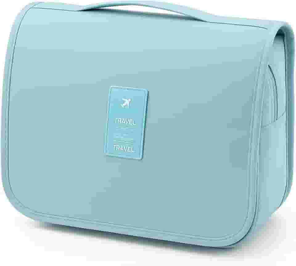 Nécessaire Organizadora de Viagem com Gancho – Bolsa Dobrável Impermeável com Divisórias para Higiene Pessoal, Maquiagem, Cosméticos – Unissex Compacta (AZUL CLARO)