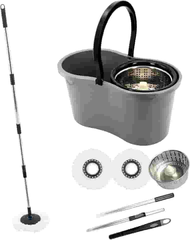 Mop com Balde Giratório Cesto em Inox 9 Litros Esfregão para Limpeza Lava e Seca com 2 Refis de Microfibra Premium