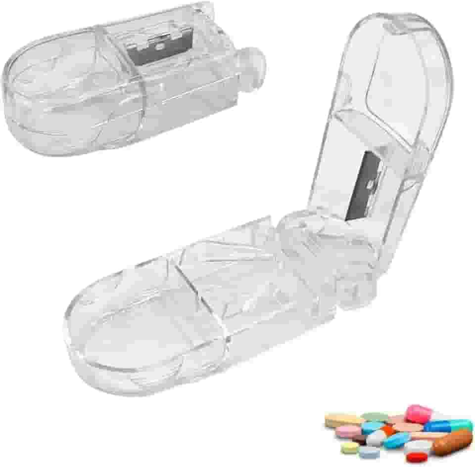 Cortador de Comprimidos 2em1 Premium Resistente Lâmina Afiada Corta e Armazena Porta Remédio, Cápsulas, Comprimidos, Lâmina em Aço Inoxidável