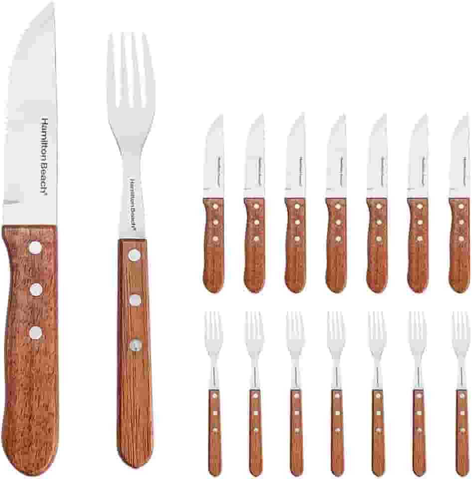 Jogo De Talheres Churrasco Faqueiro Inox 16 Peças Hamilton Beach BBQ Cabo de Madeira