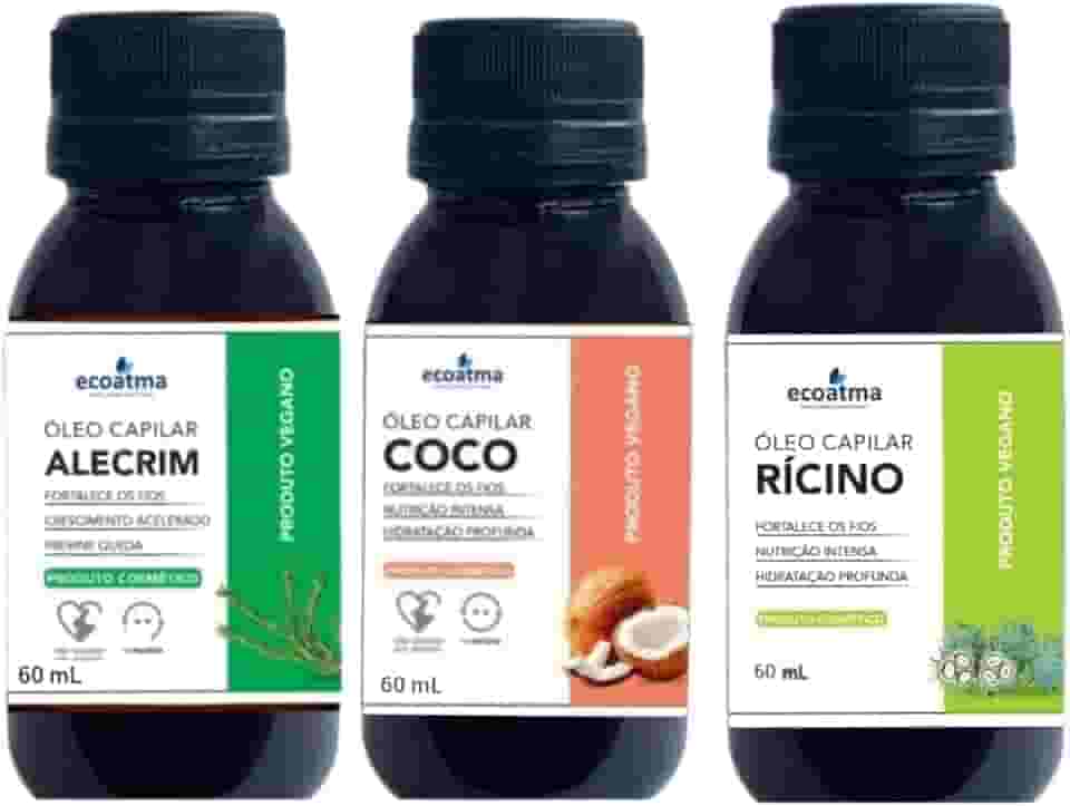Kit Óleos Capilares Naturais, Rícino, Coco e Alecrim, 60ml cada, Fortalecimento e Hidratação Profunda