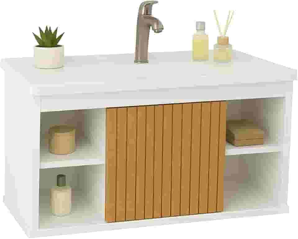 Gabinete Com Cuba Suspenso para Banheiro Nichos Com Porta Completo (Branco Ripado)