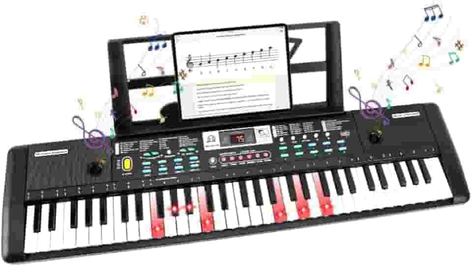 Teclado Musical Digital, 61 Teclas Iluminadas,Piano Digital para Iniciantes, modo de ensino, 200 Tons, 60 canções de demonstração, microfone, suporte musical, Bateria Recarregável