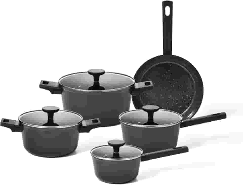 Oikos - Jogo Panelas Antiaderente Cerâmico 5 Peças para Fogão por Indução, a Gás, Elétrico e Vitrocerâmico Cor Preta Mou Chia