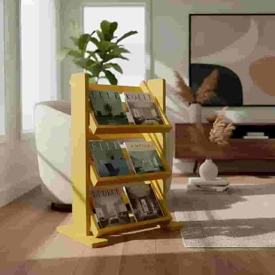 Revisteiro de Piso Chão Porta Revistas Livros Jornal Amarelo Laca