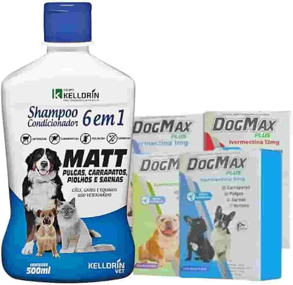 Kit tratamento - Remédio para pulgas, carrapatos, vermes e sarna 4 Comprimidos + Shampoo 6 em 1 (6 a 15kg)