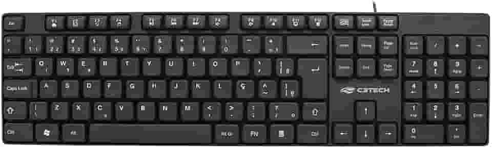 Teclado C3Tech USB Multimidia KB-M10BK PRETO, Layout padrão português brasileiro ABNT2, Sistema anti-respingo
