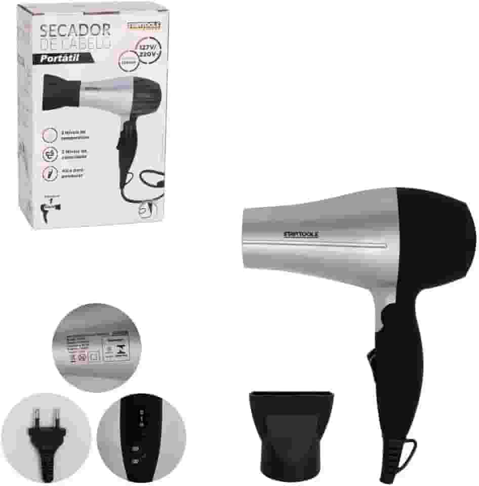Secador de Cabelo Portátil 1200W Bivolt com 2 Velocidades – Cinza, Dobrável, Leve, Viagem, Academia, Bolsa