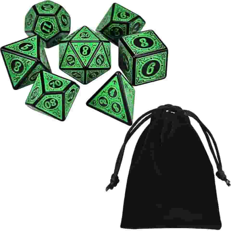 Kit 7 Dados Rpg Verde Runas D&d Boardgames Jogos de Mesa D4 D6 D8 D10 D10% D12 D20 + Bolsa de Veludo