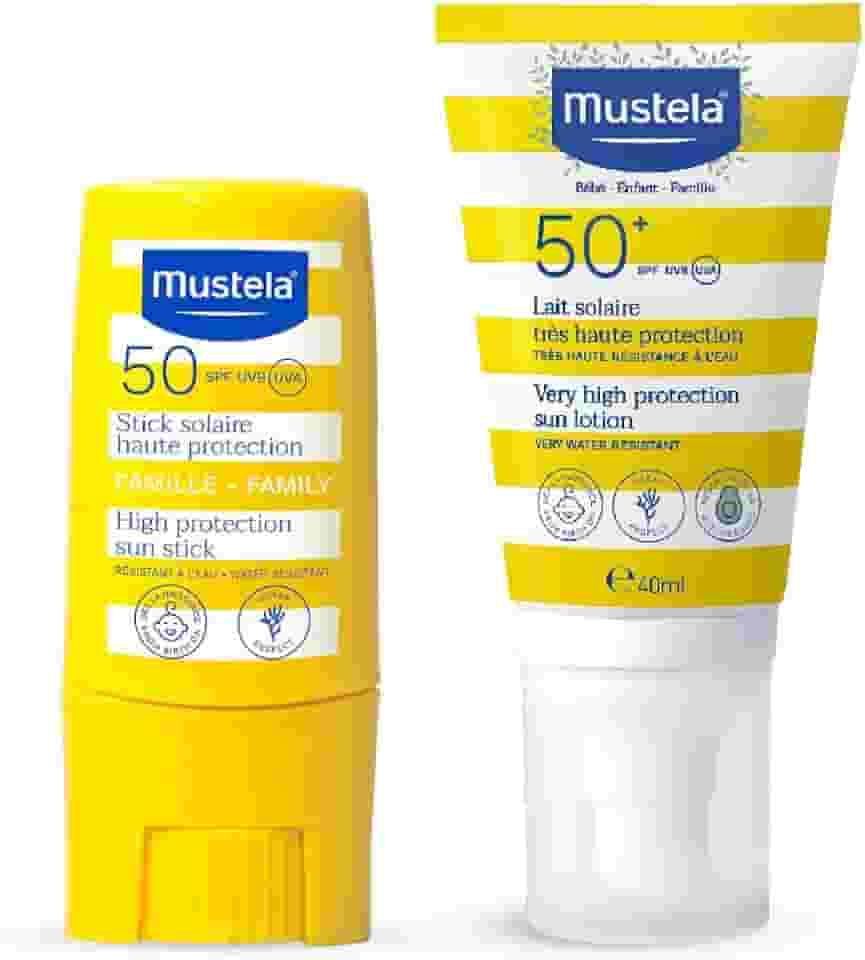 Mustela Combo Protetor Solar Stick FPS 50 8g Filtro Solar Facial em Bastão + Protetor Solar Infantil e Adulto Loção FPS 50+ 40 ml