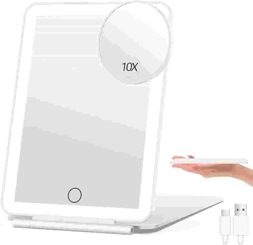 Espelho de Maquiagem Portátil com Luz LED e Aumento 10X, Recarregável via USB, 3 Cores, Tela Touch, Ultra Fino e Dobrável, para Viagem, Maquiagem e Escritório