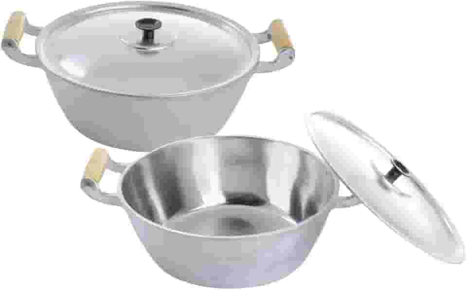 Jogo De Panela Alumínio Batido Grosso Com 2 Peças Cabo Madeira Marfim Envernizado 20 E 22