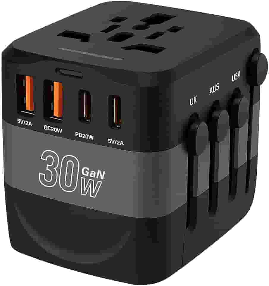 Carregador de Viagem Universal com 2 USB-C + 2 USB-A, Adaptador para 180+ Países, 30W, Preto - Compatível com PD/QC/PPS, 5 Dispositivos Simultâneos
