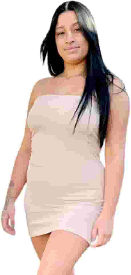 Vestido Curto Sem Alça Bege Tubinho Ajustado Tomara que Caia Sem Bojo Modela o Corpo