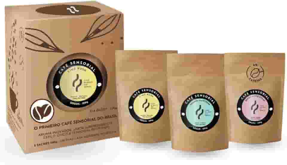 Kit Café Sensorial Premium 300g Café Blends do Brasil Aromas 100% Naturais Sabores Exclusivos: Manhã Frutado Tarde Cítrico e Noite Floral Descafeinado Embalagem Premium com 3 Sachês de 100g Cada para Diferentes Momentos (300 gramas, Grãos)