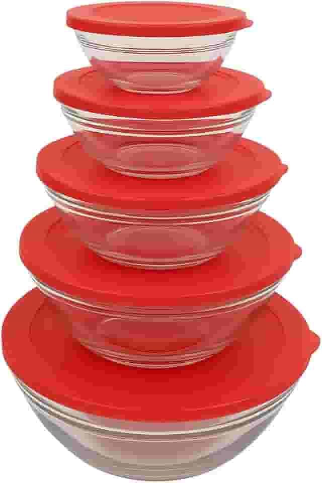 Conjunto 5 Potes de Vidro Redondo com Tampa Vermelha – Resistentes e Herméticos, Ideais para Armazenar Alimentos, Marmitas, Sobras, Freezer, Geladeira e Micro-ondas