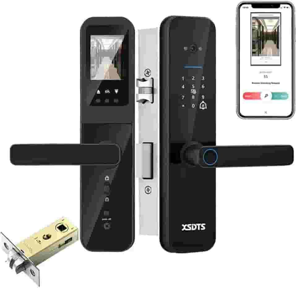 Fechadura Digital Inteligente Câmera e Campainha Eletrônica de Embutir Desbloqueio por Biometria, Senha, Cartão, Chave e Remotamente pelo App Tuya Wifi -Do Brasil (Preto, 22x200(5050))