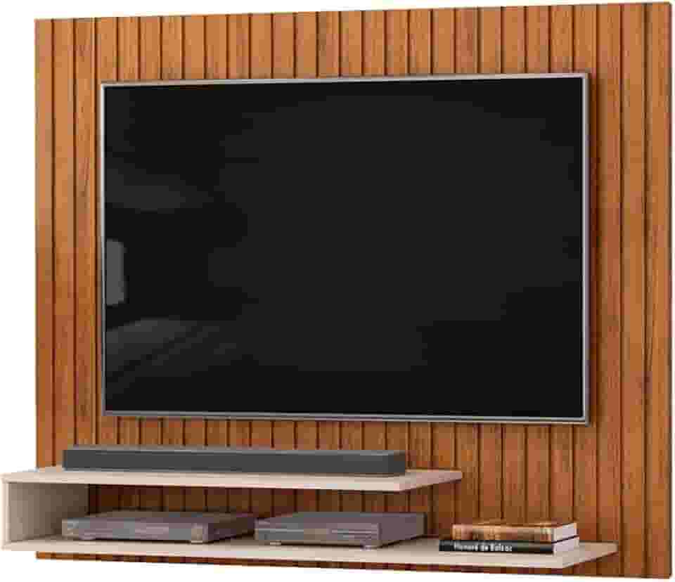 Painel Para TV Até 55 Polegadas Detalhe Frisado Com Prateleiras Hope Madeirado/Off White